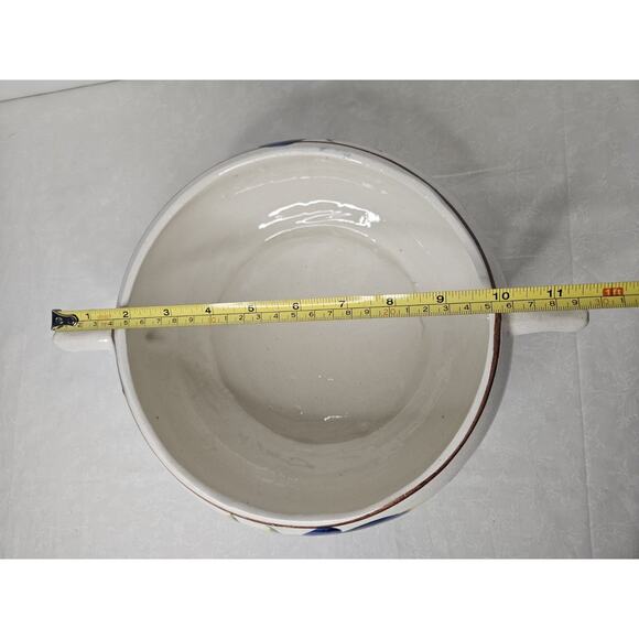 Vtg Mexican Hand Made Painted Decorative Lidded Bean Pot Blue Floral Casserole - Picture 9 of 11